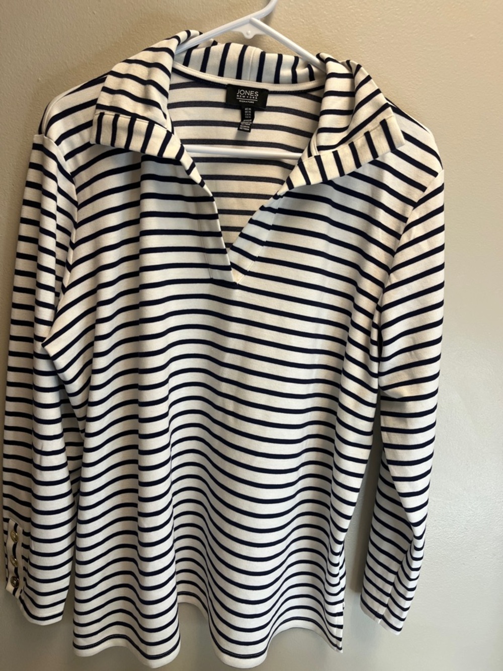 Jones New York Navy & White Striped Collared Pullover